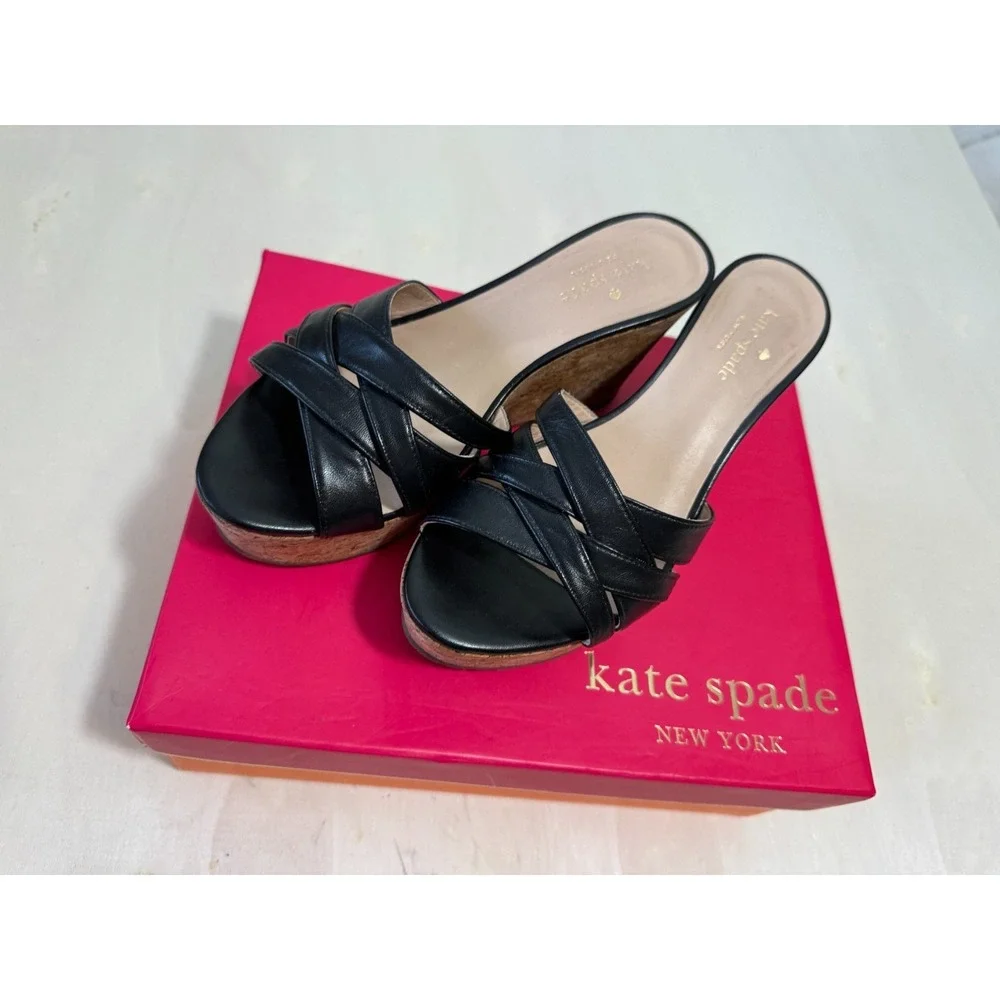 Kate Spade 6.5 Black Wedge Espadrilles Cork Leather Slide Mule Sandal Talcott